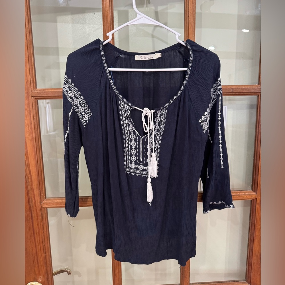 Solitaire Navy Embroidered Women's Top - casual bohemian chic.